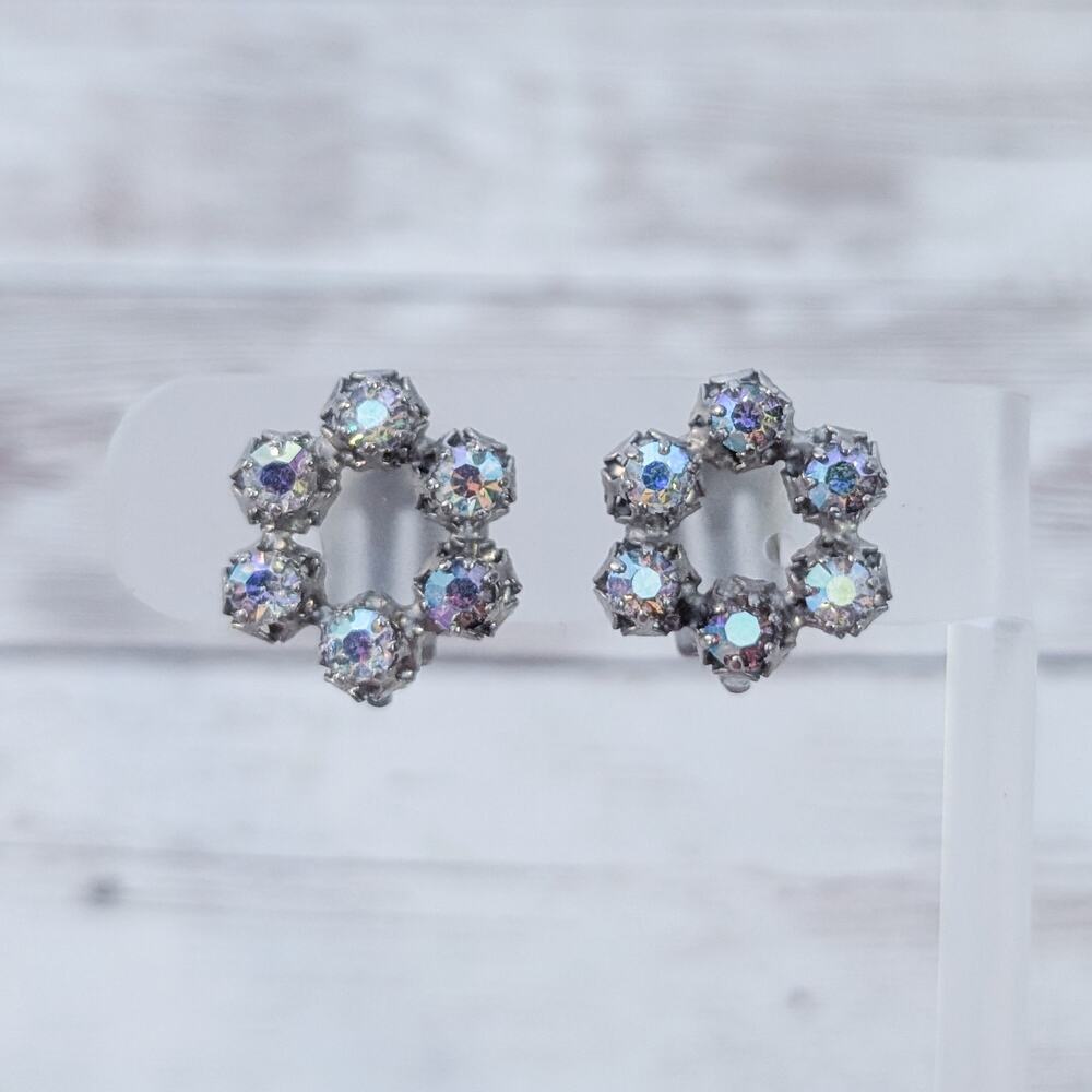 Vintage Clip On Earrings Dark Metal and Iridescent Gems